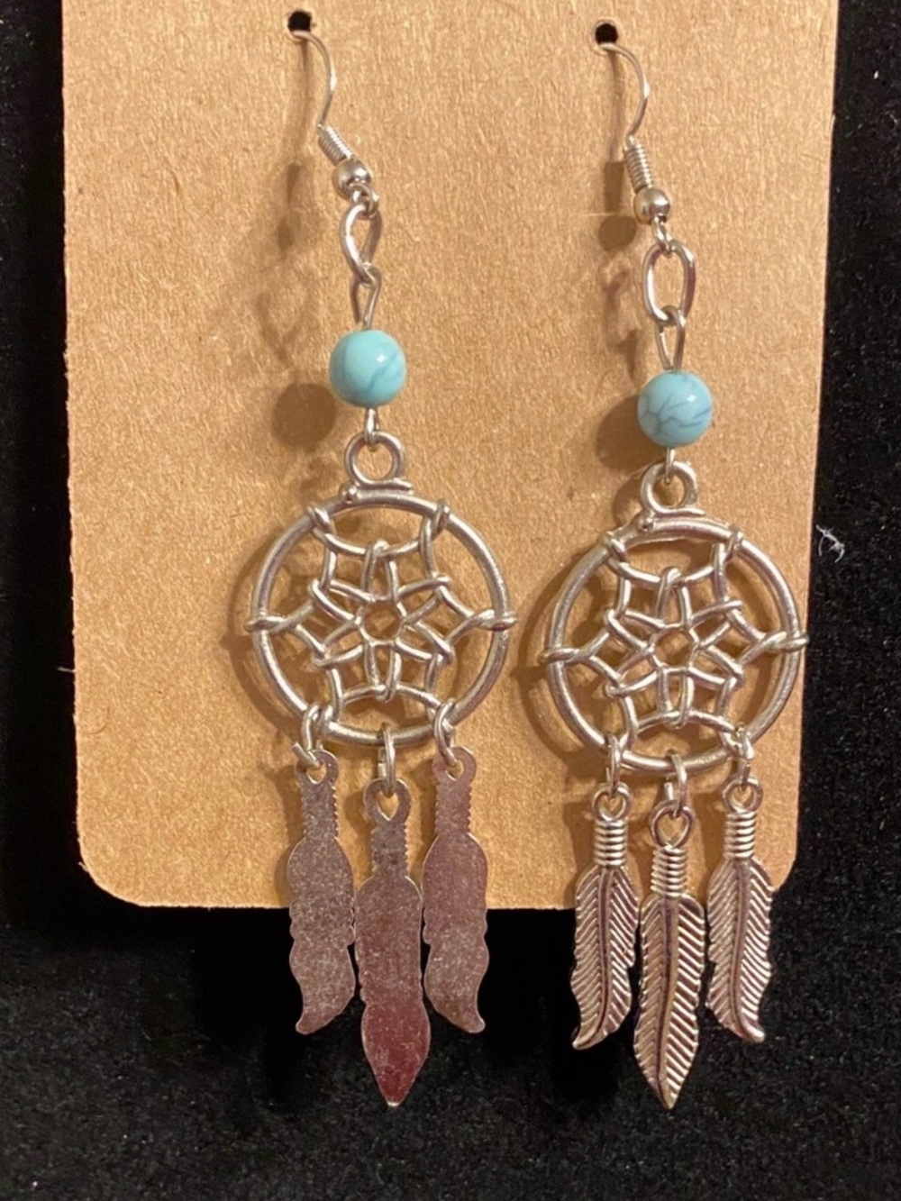 Boho Silver Turquoise Dreamcatcher Dangle Drop Earrings Feather Charm NWT
